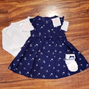 Janie and Jack NWT 6-12 months violet floral dress, crochet cardigan, bow socks